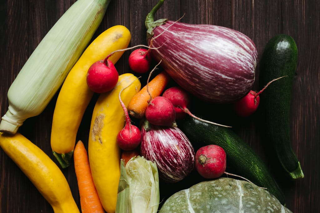 Fresh colorful vegetables on table